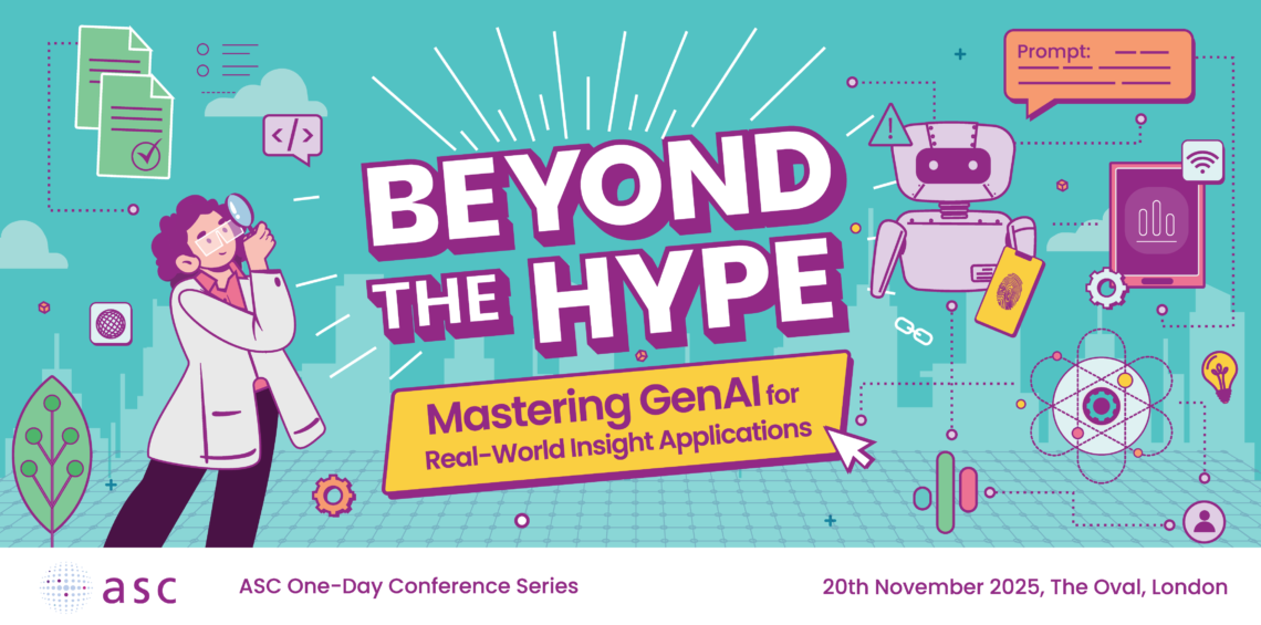 Beyond the hype conference logo showing the text is a starburst and a scientist with a magnifying glass looking behind the text, a background of pale bule with a silhouette city skyline below, and several colourful objects floating in space such as a gearwheel, clipboard, chart and a robot.
