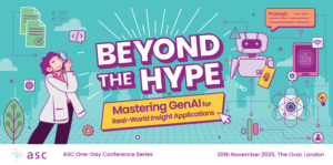 Beyond the hype conference logo showing the text is a starburst and a scientist with a magnifying glass looking behind the text, a background of pale bule with a silhouette city skyline below, and several colourful objects floating in space such as a gearwheel, clipboard, chart and a robot.
