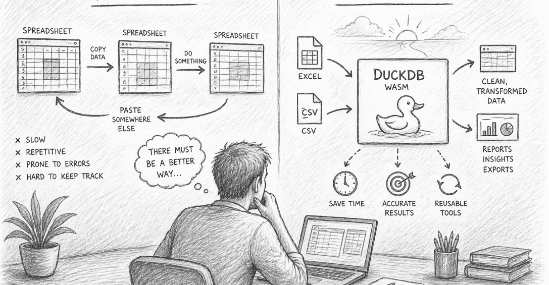 Hand-drawn pencil sketch of a person sitting at a desk using a laptop, looking at a wall split into two workflows. On the left, the “old way” shows spreadsheets being copied, edited, and pasted between systems, labelled as slow and error-prone. On the right, a “better way” shows simple tools using DuckDB in the browser, represented by a duck icon, processing Excel and CSV files into clean, reusable outputs with benefits like saving time and improving accuracy.