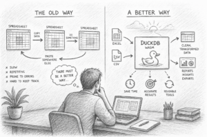 Hand-drawn pencil sketch of a person sitting at a desk using a laptop, looking at a wall split into two workflows. On the left, the “old way” shows spreadsheets being copied, edited, and pasted between systems, labelled as slow and error-prone. On the right, a “better way” shows simple tools using DuckDB in the browser, represented by a duck icon, processing Excel and CSV files into clean, reusable outputs with benefits like saving time and improving accuracy.