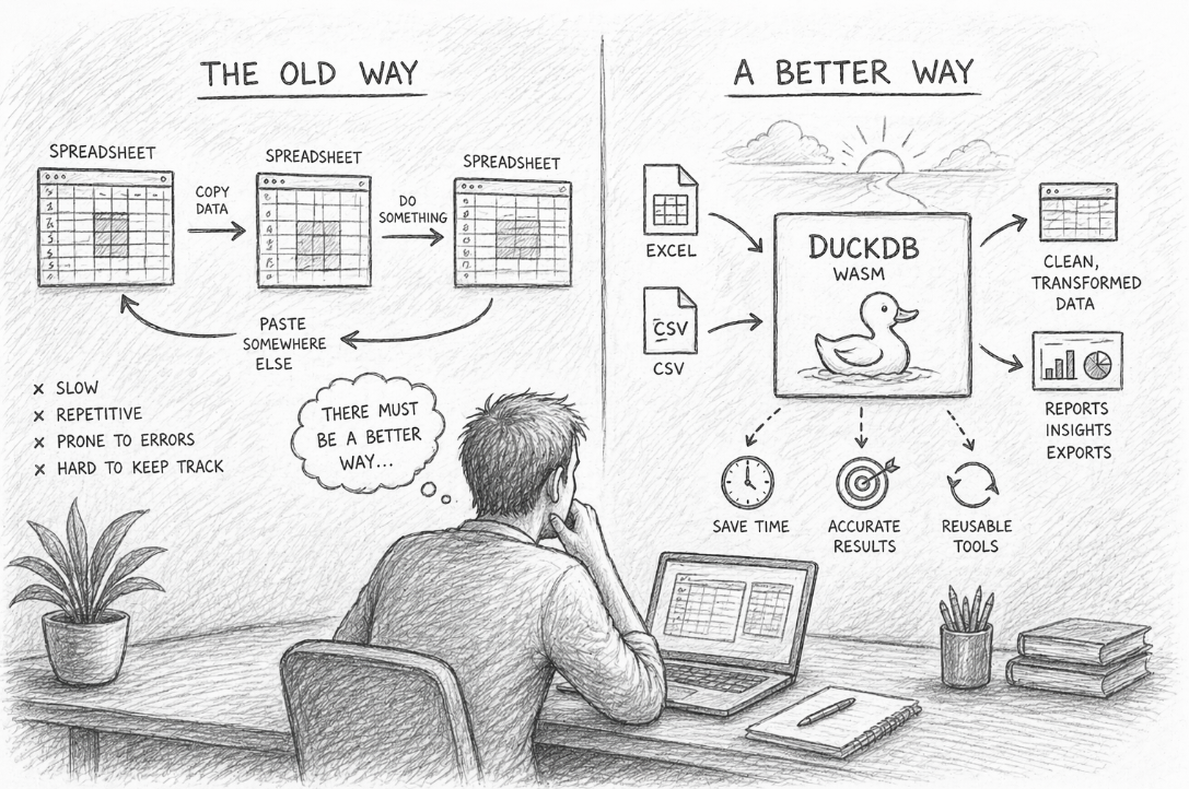 Hand-drawn pencil sketch of a person sitting at a desk using a laptop, looking at a wall split into two workflows. On the left, the “old way” shows spreadsheets being copied, edited, and pasted between systems, labelled as slow and error-prone. On the right, a “better way” shows simple tools using DuckDB in the browser, represented by a duck icon, processing Excel and CSV files into clean, reusable outputs with benefits like saving time and improving accuracy.