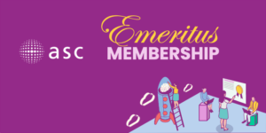 Decorative image showing people, a rocket and a woman pointing to a medal on a screen overlaid with the text ASC Emeritus Membership