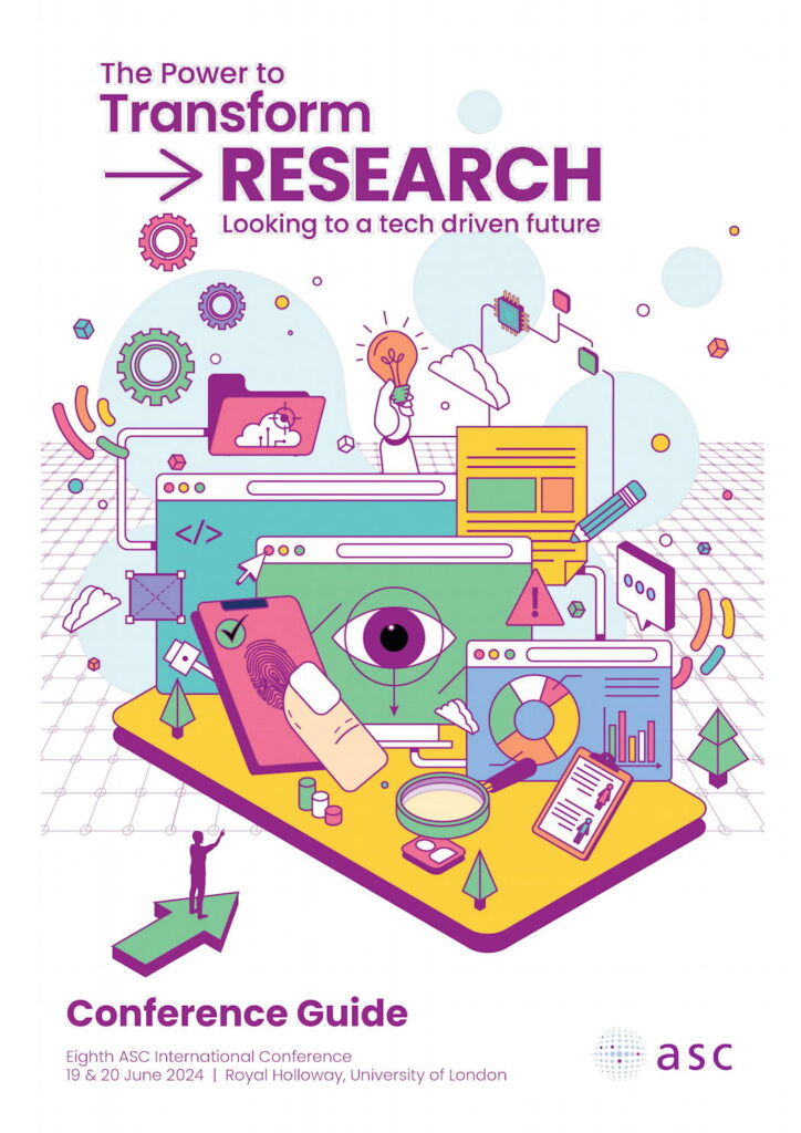Colourful image showing many different objects such as cog wheels or gears, clouds, circles, cubes, charts, a lightbulb. It formed the cover for the 2024 Conference Guide.