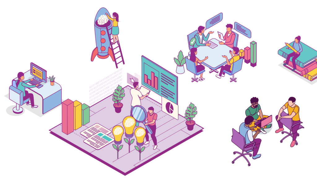 A composite made up of six tableaux showing different illustrations of individuals or groups of people engaged in different work-related tasks. It largely uses a restricted palette of eight colours in various shades and simple outline to represent the people.  
