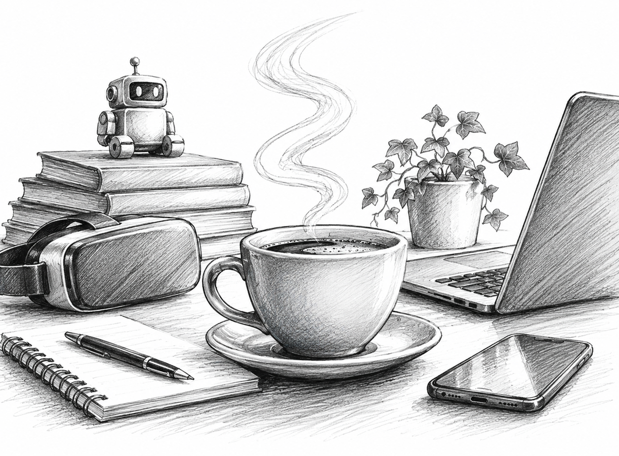 Pencil sketch of a steaming cup of coffee surrounded by a laptop, robot, VR headset and books, representing technological advances discussed at ASC Labs.